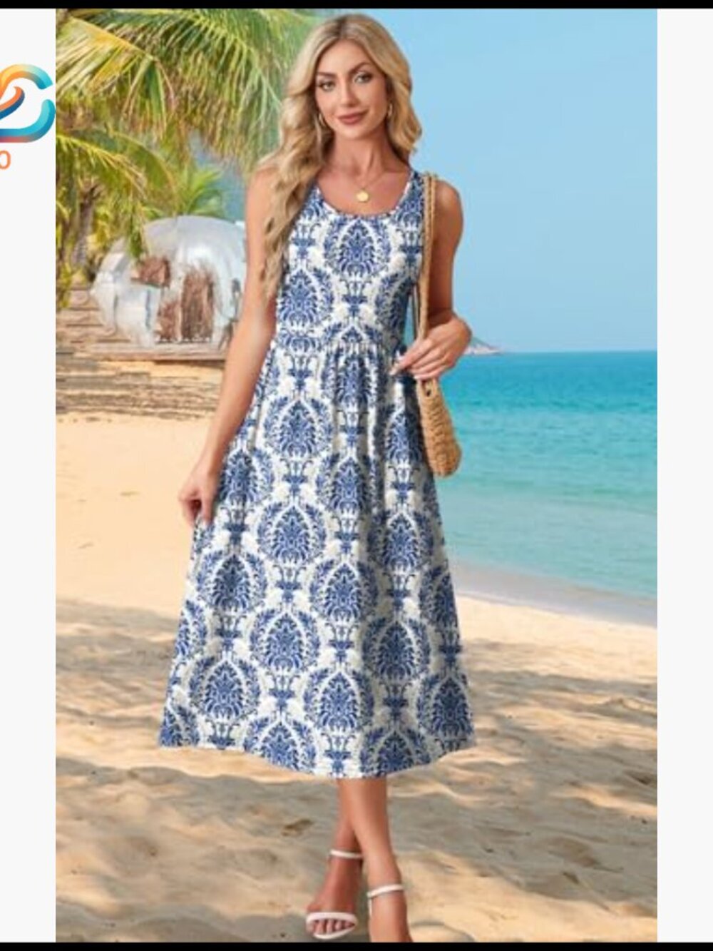 Flowy Midi Dress with Pockets, Casual Summer Vacation Sundress - Picture 3 of 7